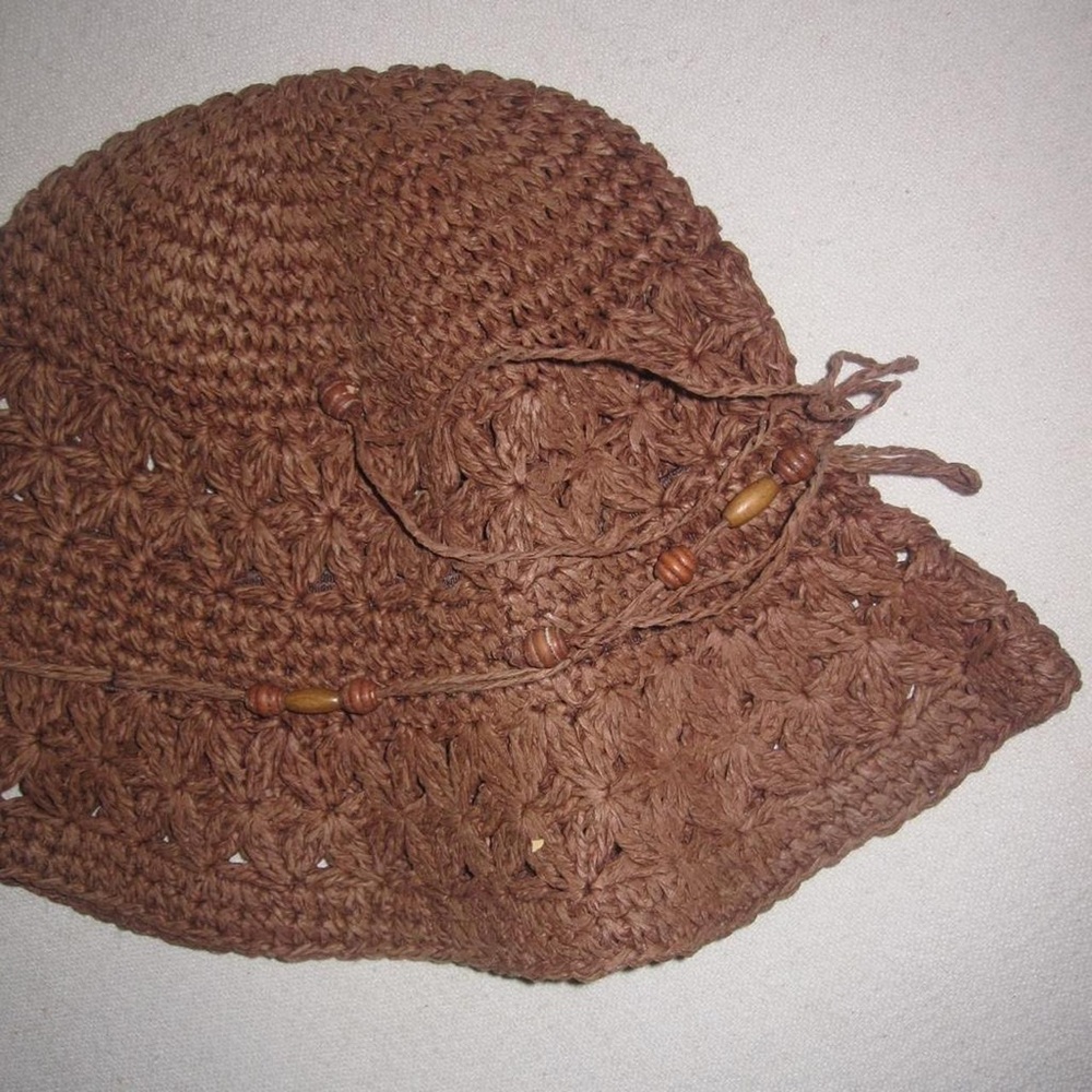 Brown Crochet Sun Hat with Beaded Tie